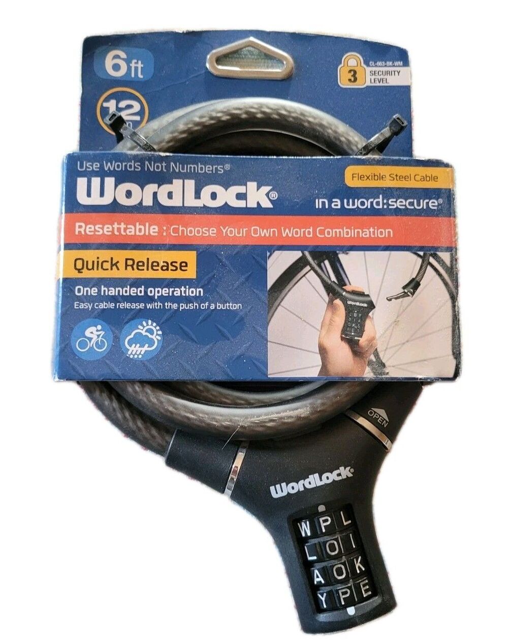 WordLock Bike Lock - Steel Cable - 6ft x 12mm - Black- New in Package